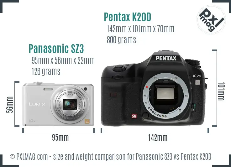 Panasonic SZ3 vs Pentax K20D size comparison