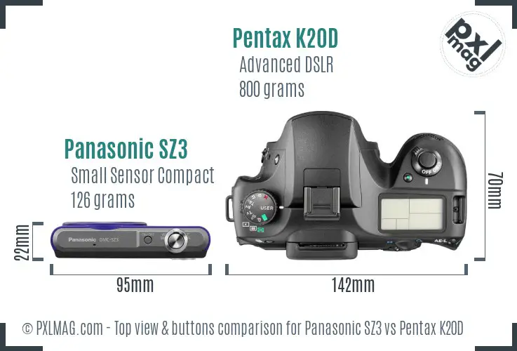 Panasonic SZ3 vs Pentax K20D top view buttons comparison