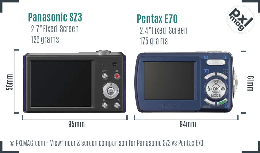 Panasonic SZ3 vs Pentax E70 Screen and Viewfinder comparison