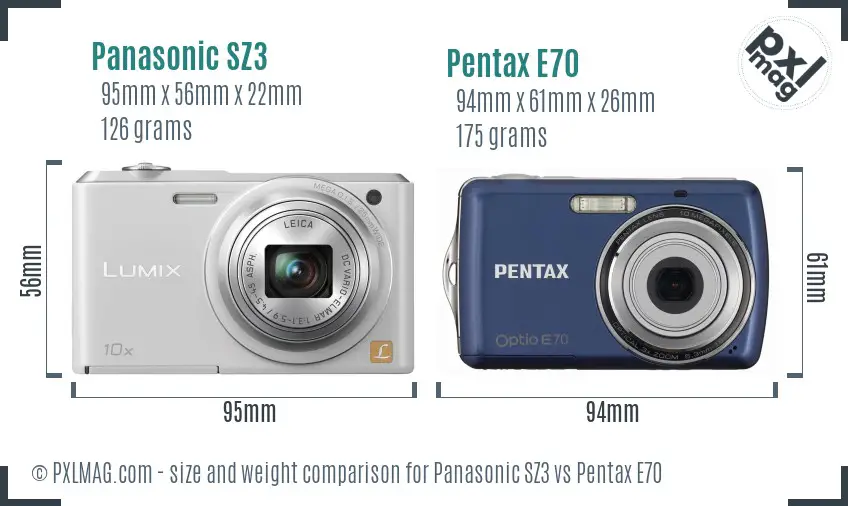 Panasonic SZ3 vs Pentax E70 size comparison