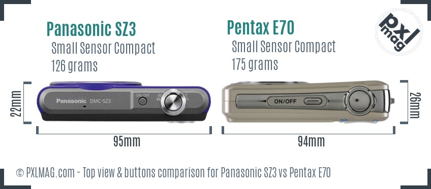 Panasonic SZ3 vs Pentax E70 top view buttons comparison