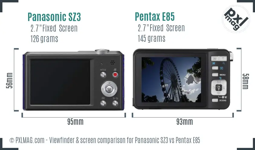 Panasonic SZ3 vs Pentax E85 Screen and Viewfinder comparison