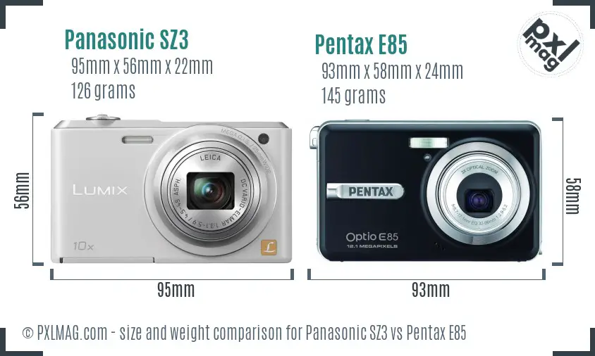 Panasonic SZ3 vs Pentax E85 size comparison
