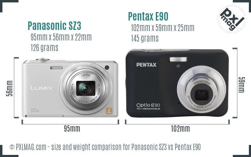Panasonic SZ3 vs Pentax E90 size comparison