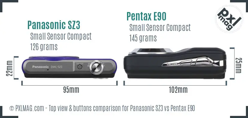 Panasonic SZ3 vs Pentax E90 top view buttons comparison
