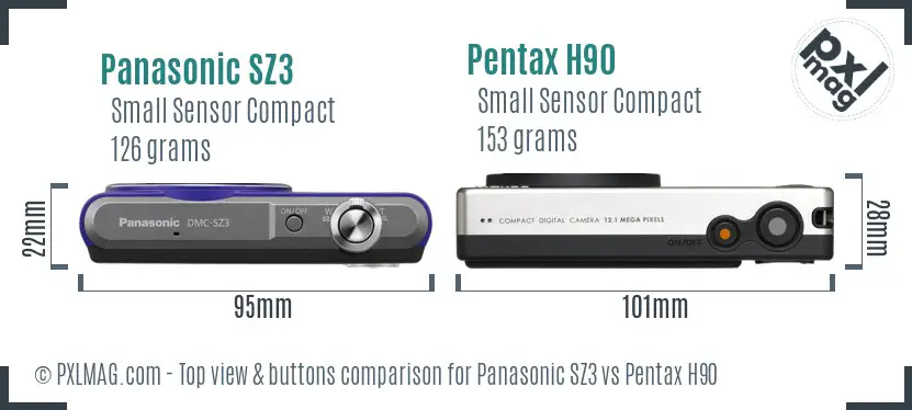 Panasonic SZ3 vs Pentax H90 top view buttons comparison