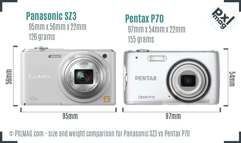 Panasonic SZ3 vs Pentax P70 size comparison