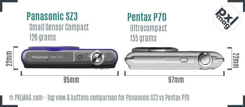 Panasonic SZ3 vs Pentax P70 top view buttons comparison