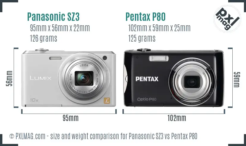 Panasonic SZ3 vs Pentax P80 size comparison
