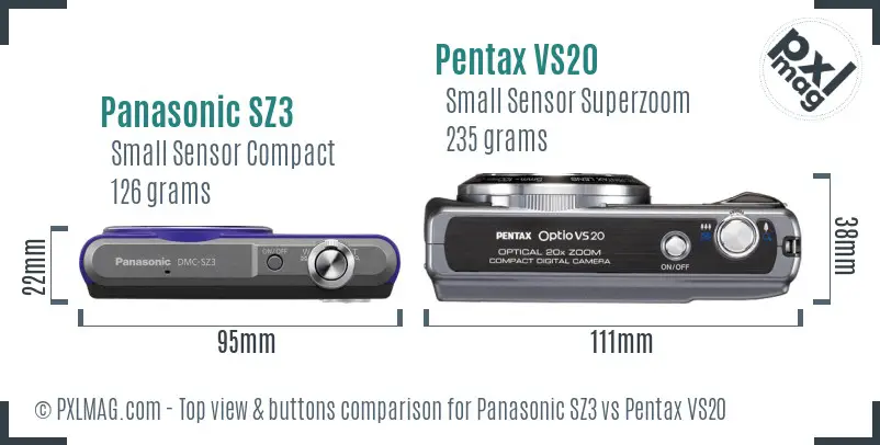 Panasonic SZ3 vs Pentax VS20 top view buttons comparison