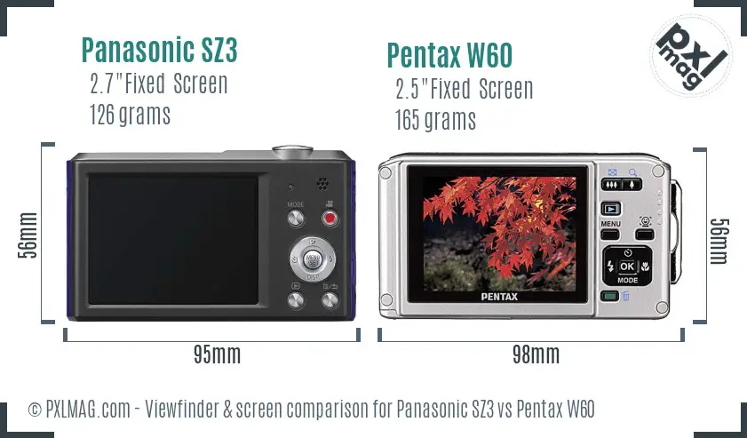 Panasonic SZ3 vs Pentax W60 Screen and Viewfinder comparison