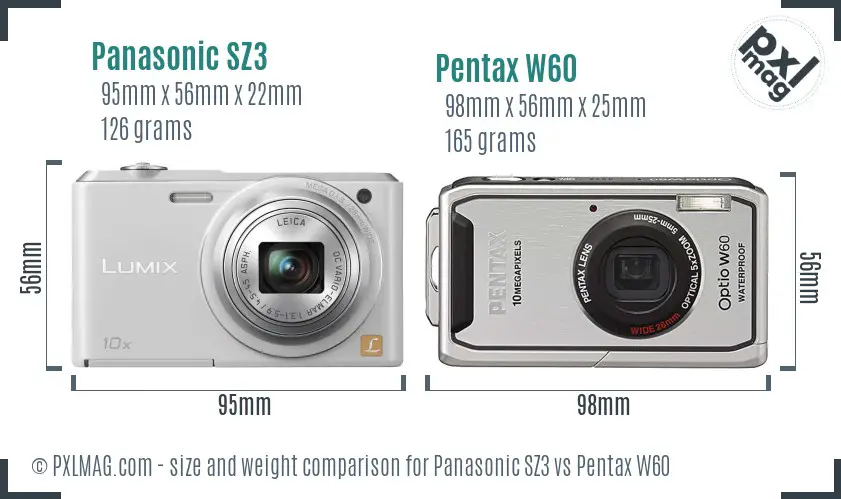 Panasonic SZ3 vs Pentax W60 size comparison