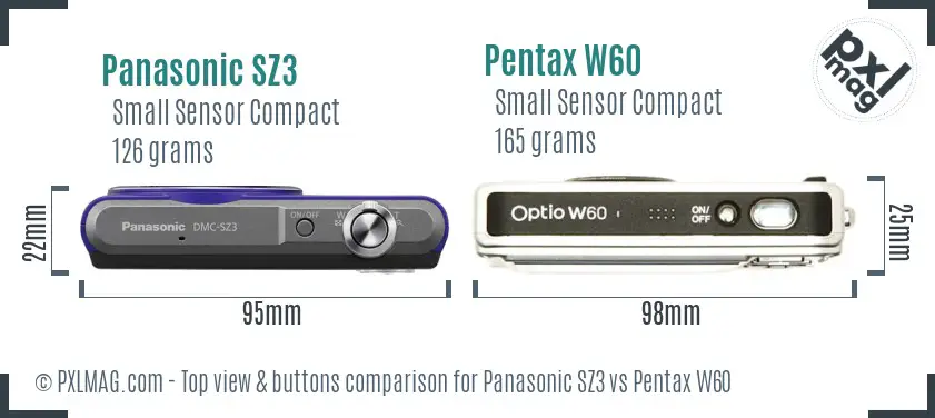Panasonic SZ3 vs Pentax W60 top view buttons comparison