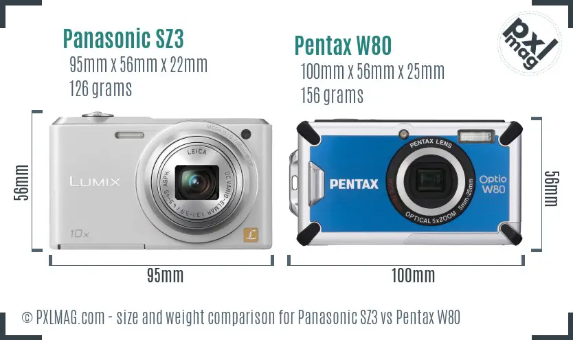 Panasonic SZ3 vs Pentax W80 size comparison