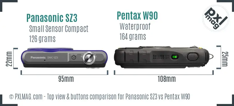 Panasonic SZ3 vs Pentax W90 top view buttons comparison