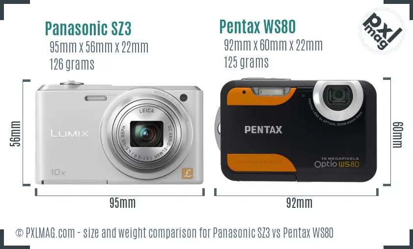 Panasonic SZ3 vs Pentax WS80 size comparison