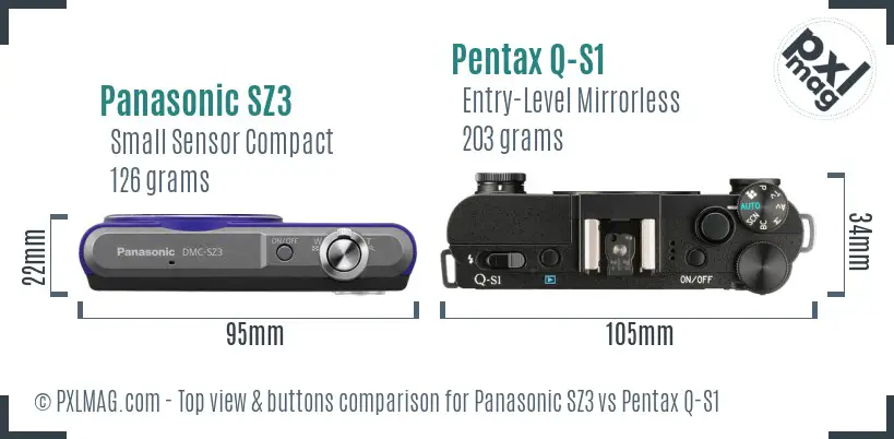 Panasonic SZ3 vs Pentax Q-S1 top view buttons comparison