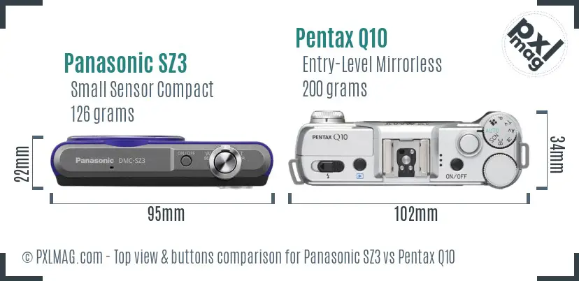 Panasonic SZ3 vs Pentax Q10 top view buttons comparison