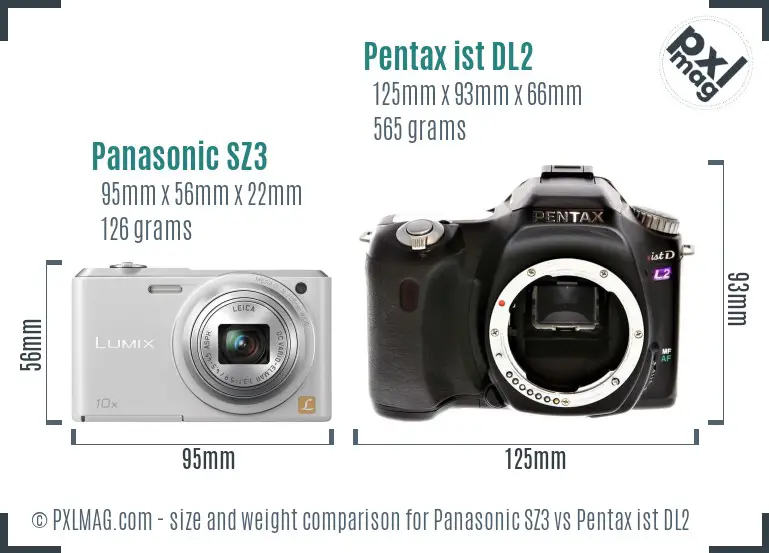 Panasonic SZ3 vs Pentax ist DL2 size comparison