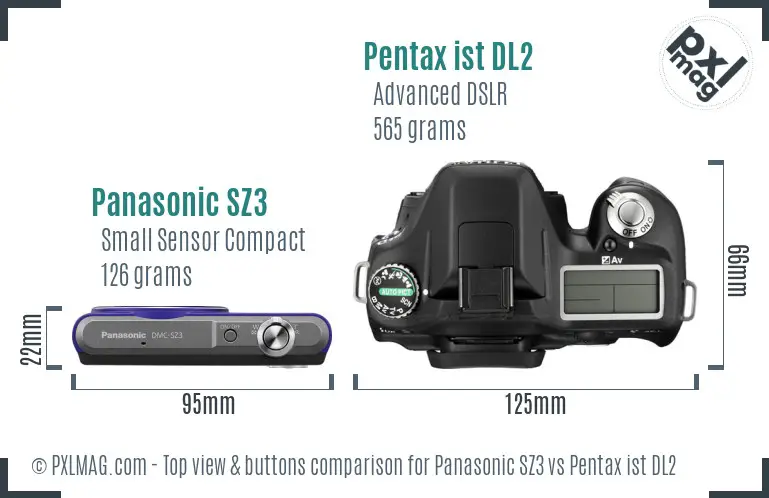 Panasonic SZ3 vs Pentax ist DL2 top view buttons comparison