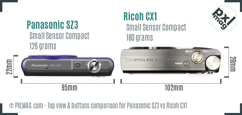 Panasonic SZ3 vs Ricoh CX1 top view buttons comparison