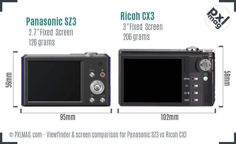 Panasonic SZ3 vs Ricoh CX3 Screen and Viewfinder comparison