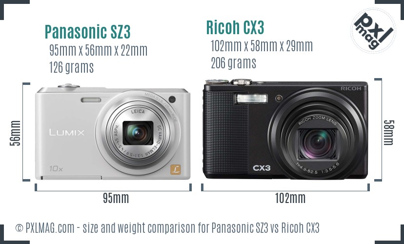 Panasonic SZ3 vs Ricoh CX3 size comparison