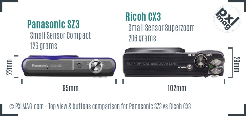 Panasonic SZ3 vs Ricoh CX3 top view buttons comparison