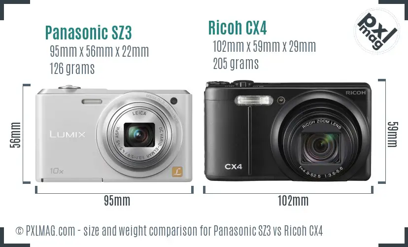 Panasonic SZ3 vs Ricoh CX4 size comparison
