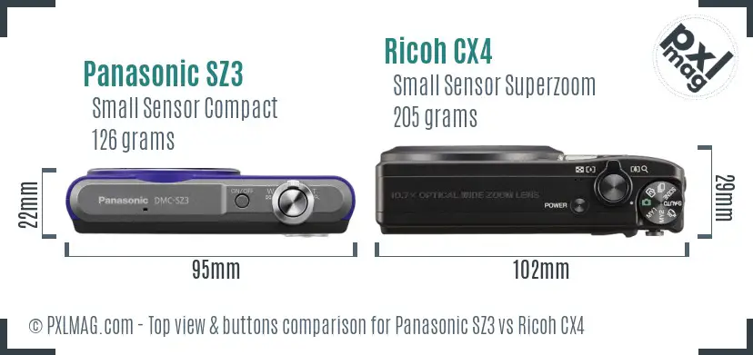 Panasonic SZ3 vs Ricoh CX4 top view buttons comparison
