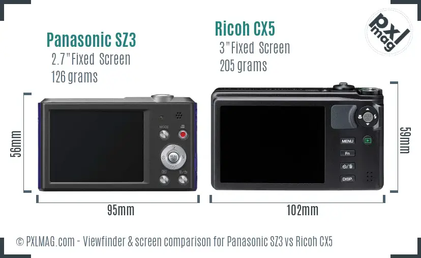 Panasonic SZ3 vs Ricoh CX5 Screen and Viewfinder comparison