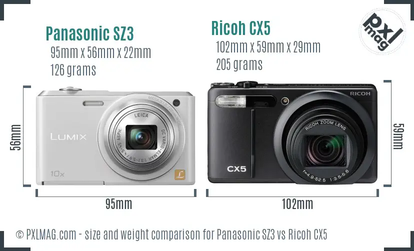 Panasonic SZ3 vs Ricoh CX5 size comparison