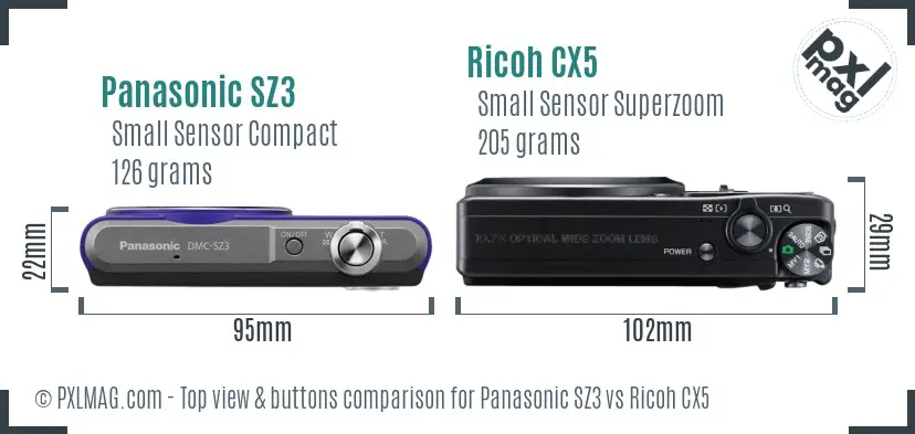 Panasonic SZ3 vs Ricoh CX5 top view buttons comparison