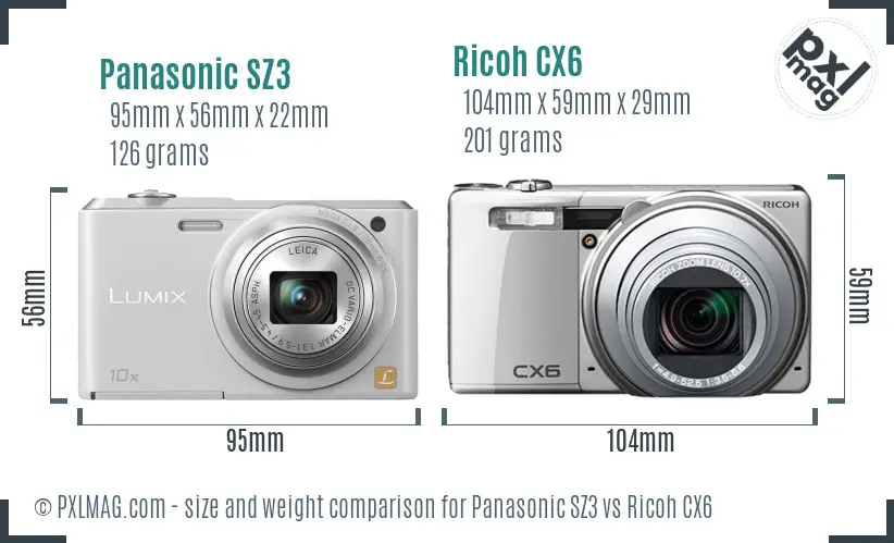 Panasonic SZ3 vs Ricoh CX6 size comparison