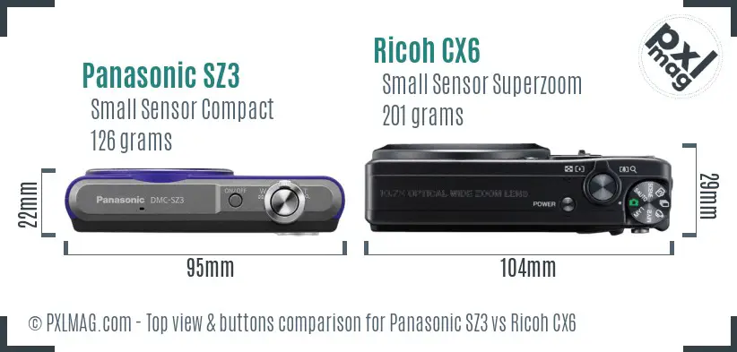 Panasonic SZ3 vs Ricoh CX6 top view buttons comparison