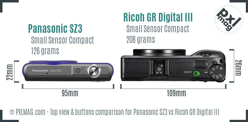 Panasonic SZ3 vs Ricoh GR Digital III top view buttons comparison