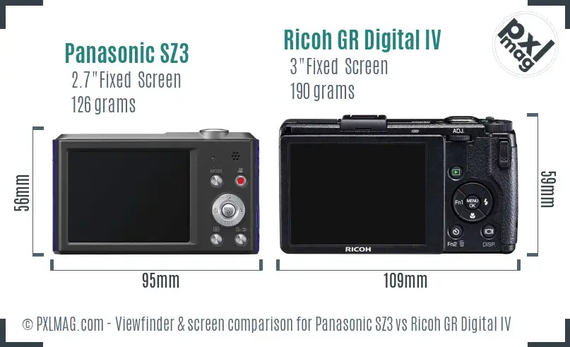 Panasonic SZ3 vs Ricoh GR Digital IV Screen and Viewfinder comparison