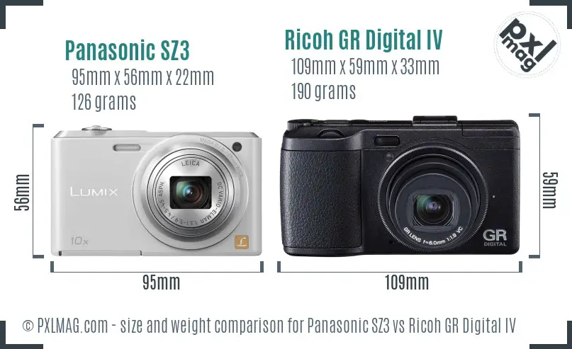 Panasonic SZ3 vs Ricoh GR Digital IV size comparison