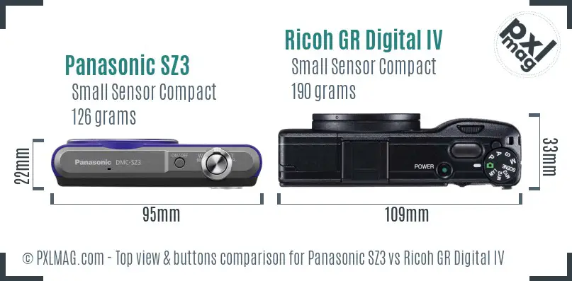 Panasonic SZ3 vs Ricoh GR Digital IV top view buttons comparison