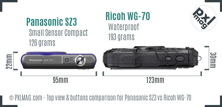 Panasonic SZ3 vs Ricoh WG-70 top view buttons comparison