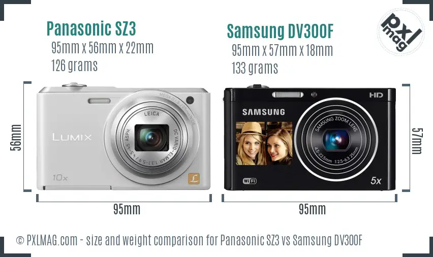 Panasonic SZ3 vs Samsung DV300F size comparison