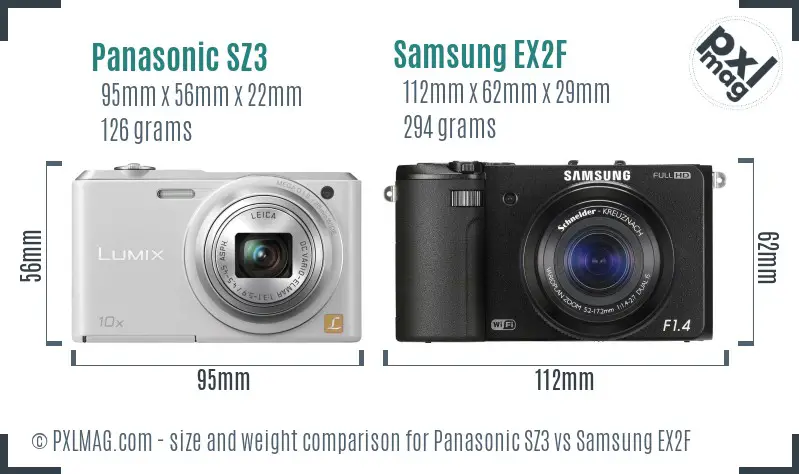 Panasonic SZ3 vs Samsung EX2F size comparison