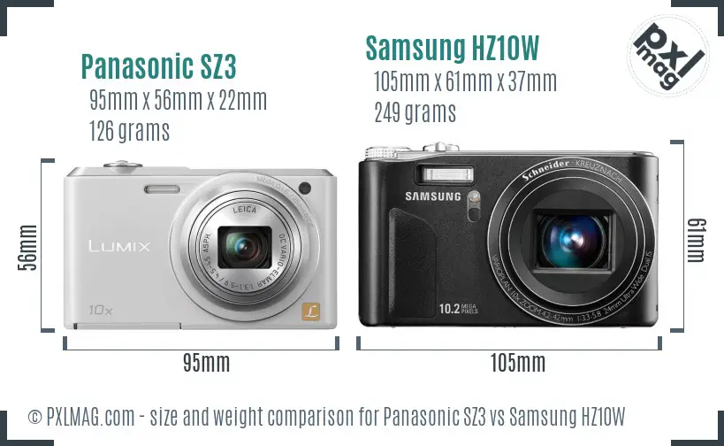 Panasonic SZ3 vs Samsung HZ10W size comparison