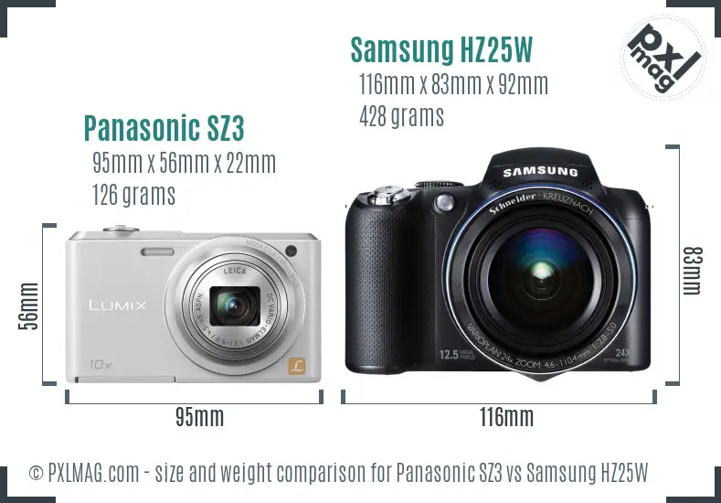 Panasonic SZ3 vs Samsung HZ25W size comparison
