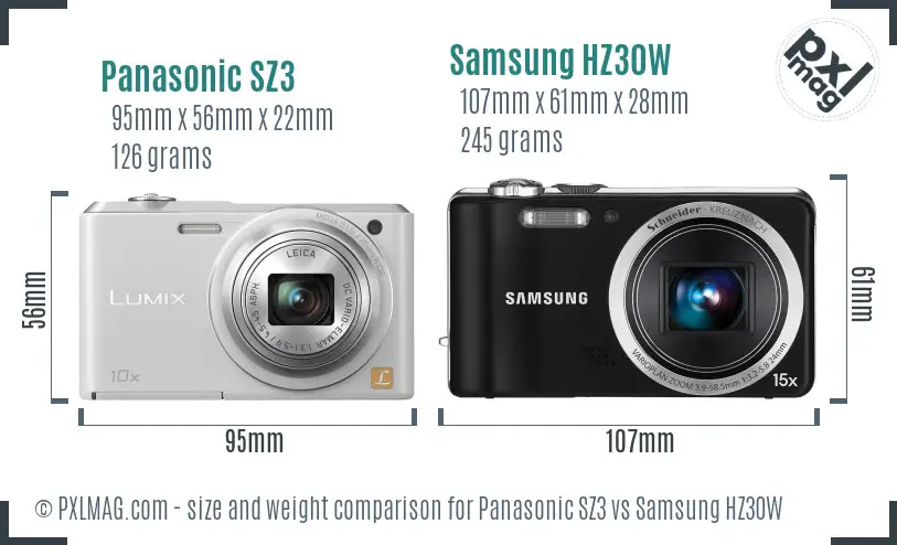 Panasonic SZ3 vs Samsung HZ30W size comparison