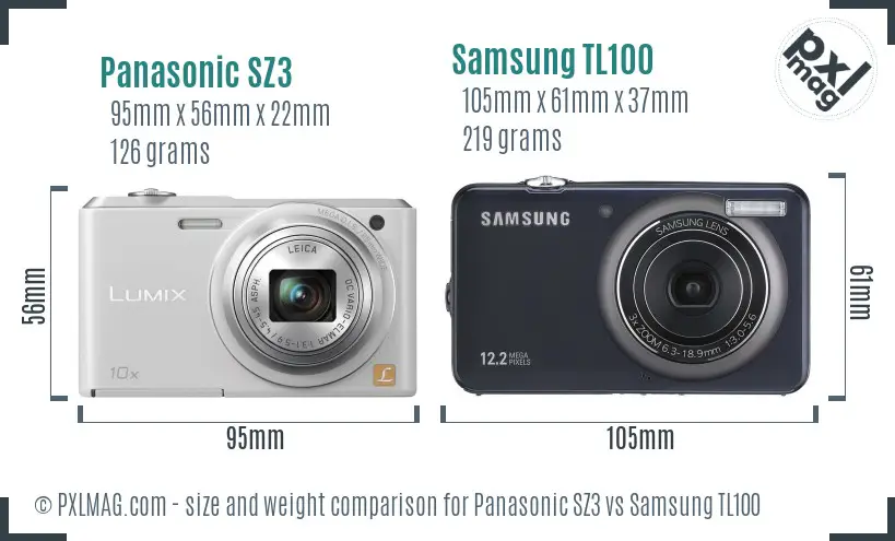 Panasonic SZ3 vs Samsung TL100 size comparison