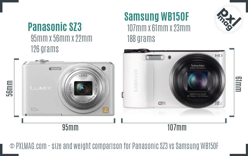 Panasonic SZ3 vs Samsung WB150F size comparison