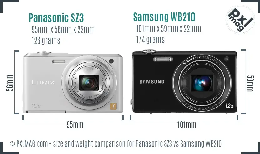 Panasonic SZ3 vs Samsung WB210 size comparison