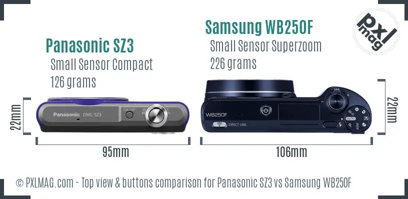 Panasonic SZ3 vs Samsung WB250F top view buttons comparison