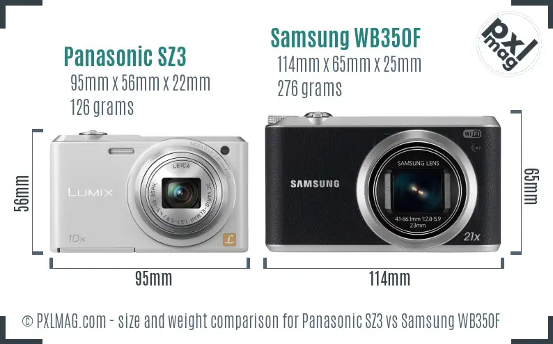Panasonic SZ3 vs Samsung WB350F size comparison